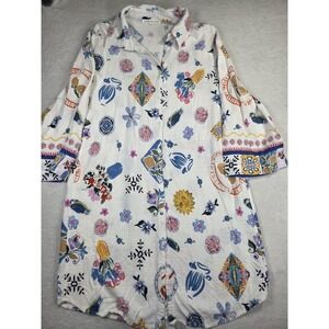 Label of Love Shirt Dress Womens Medium White Floral Linen Button Front Boho